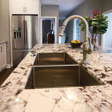 Open Transitional White Kitchen with Butcher Block