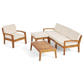 GDF Studio Sally Outdoor 4-Seater Acacia Sectional Set With Ottoman and Cushions, Teak/Beige
