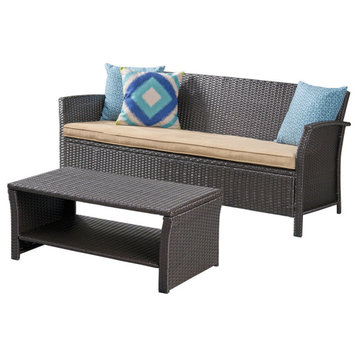 GDF Studio Lucia Outdoor Wicker 3-Seater Sofa With Coffee Table, Brown/Tan