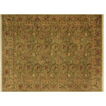 Bareens Designer Rugs - Marry Gold Pak Persian Lila Green/Beige Wool Rug - 10'0'' x 14'2'' - Designed with mesmerizing intricacy and gorgeous color palette, this hand-knotted masterpiece demonstrates the beauty and electrifying thrill of Pak Persian art. These meticulously hand-knotted Pak-Persian rug is made with pure wool and features breathtaking traditional, transitional, and tribal designs in bold luxurious color pallets. Known for their intricate designs these rugs are a reproduction of Persian rugs, made in Pakistan with unique Mughal designs. Made by master weavers using the same Persian texture, design and dying technique, we wanted to produce the most significant manifestation of Persian art, life, and culture. This rug is most famous for its exceptional quality, incredible designs, patterns, and vibrant rich color. Pak-Persian rugs made with Persian weave with high knot counts, which enables the high intricacy and detail found in the patterns are also referred to as "State of art", each color adds a rich beautiful detail in the artwork of this rug. The design, color, and beautiful chromatic composition with a vibrant sheen with intricate designs, exude beauty, elegance, and quality make this rug a masterpiece of its own.