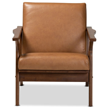 Bianca Mid-Century Brown Finished Wood and Tan Faux Leather Effect Lounge Chair