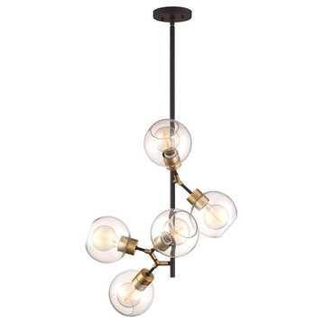 Pierre 5 Light Pendant, Polished Brass and Matte Black With Glass