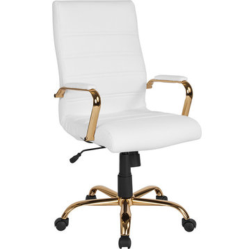 High Back White Leather Executive Swivel Office Chair With Gold Frame and Arms