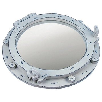 17" Wooden Porthole Mirror With Distressed White Finish
