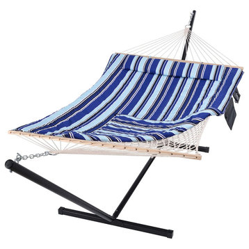 Hammock With Stand, Rope Hammock & Reversible Polyester Pad, Blue Stripe