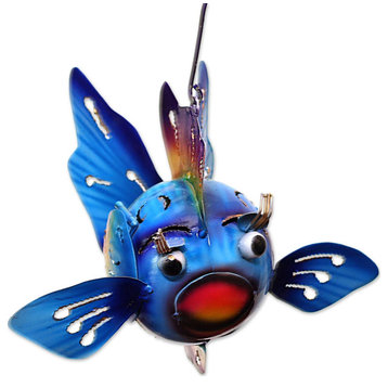 NOVICA Bright Fish And Steel Hanging Tealight Holder