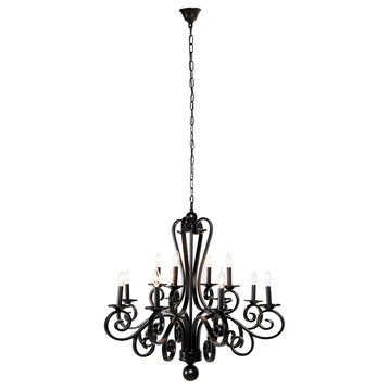 Large Modern Black Metal Chandelier Pendant Light with Scrolled Arms