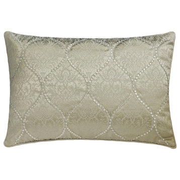 Gray Silk 12"x24" Lumbar Pillow Cover Crystal Embroidery Victorian, Aabharana