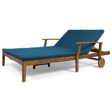 Patio Double Chaise Lounge, Fully Adjustable Design With Cushioned Seat, Blue