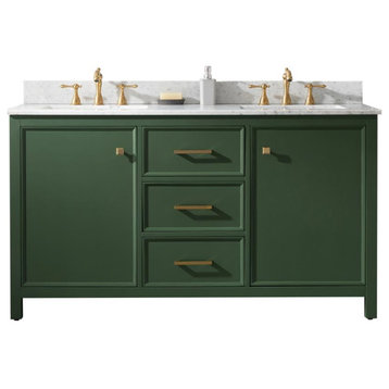 60" Blue Finish Double Sink Vanity Cabinet, Carrara White Top, Vogue Green