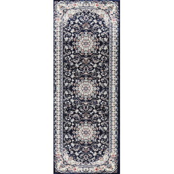 Navy Blue Floral Medallion Transitional Turkish Rug Oriental Carpet 3x8