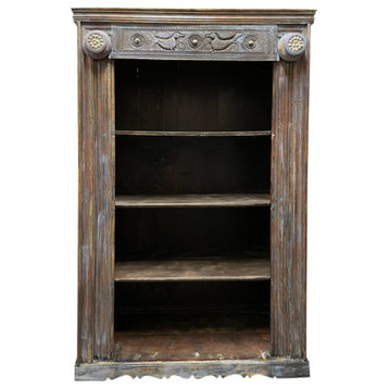 Consigned Rustic Blue Bookcase, Cowrie Shells Carved Wood Vintage Tall Bookshelf