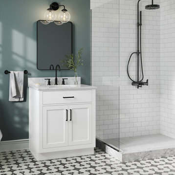 Ariel Hepburn 31" Oval Sink Bath Vanity, White, 0.75" Carrara Marble