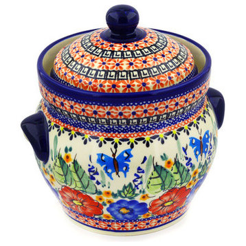 Polish Pottery 8" Stoneware Jar With Lid and Handles Hand-Decorated Design