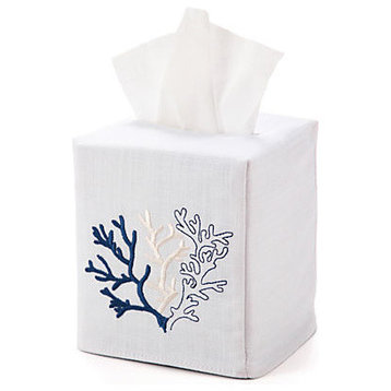 Coral Tissue Box Cover, Navy Stitching