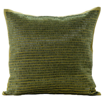 Striped Beaded 16"x16" Cotton Linen Green Pillow Covers, Misty Green