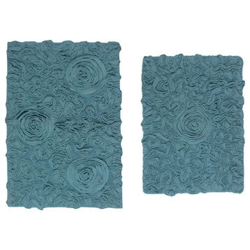 Bell Flower Collection Tufted Bath Rugs, 2 Piece Set, Blue