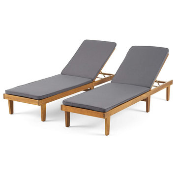 Set of 2 Patio Chaise Lounge, Adjustable Seat With Comfortable Dark Gray Cushion