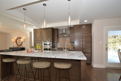 Inspiration for a contemporary single-wall dark wood floor open concept kitchen remodel in Chicago with an undermount sink, flat-panel cabinets, dark wood cabinets, granite countertops, gray backsplash, glass tile backsplash, stainless steel appliances and an island