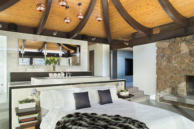 Inspiration for a large rustic master concrete floor bedroom remodel in Denver with white walls, a standard fireplace and a stone fireplace