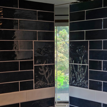 Blue and White Kitchen with Tiled Pass Through