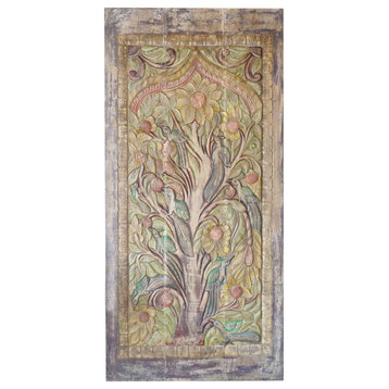 Consigned Tree of Life Sliding Barn Door, Kalpavriksha, Carved Door Wellness Art