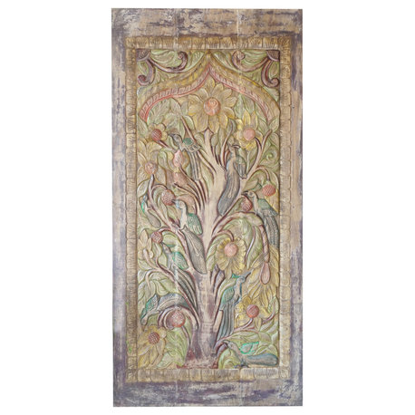 Consigned Tree of Life Sliding Barn Door, Kalpavriksha, Carved Door Wellness Art