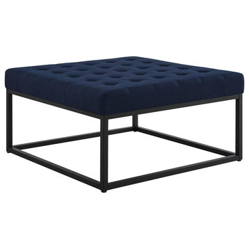 Modern Coffee Table, Golden Metal Base With Tufted Fabric Top, Navy Blue/Black