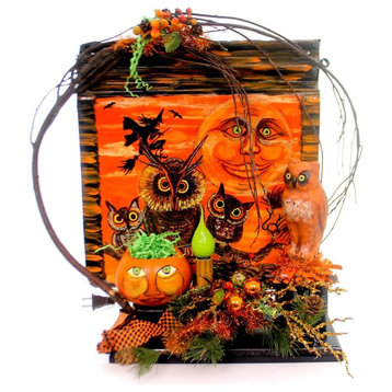 Halloween MOON AND OWL ELECTRIC FIGURINE Metal Lighted Pumpkin Grapevine Ch93