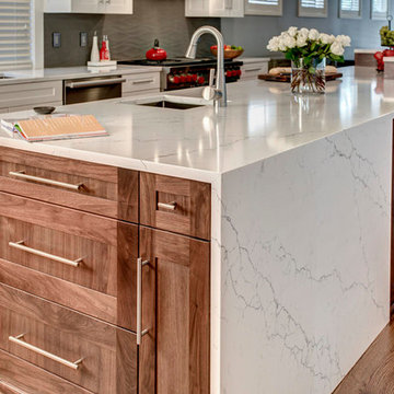 White Painted Cabinetry with Walnut island