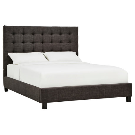 Andrian Button Tufted Linen Upholstered Panel Bed, Dark Grey, Queen