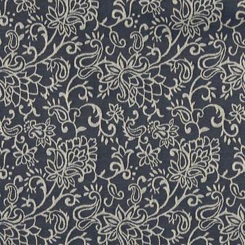 Navy Blue, Contemporary Floral Designed Woven Upholstery Fabric By The Yard