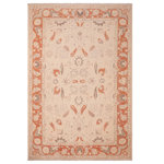 Bareens Designer Rugs - Boho Chic Ziegler Eartha Tan Rust Hand-Knotted Wool Rug - 6'6'' x 9'9'' - Enhance the ambiance of your home with this magnificent Persian-influenced Turkish hand-knotted rug made by skilled artisans capable of creating the most exceptional vegetable dyes and hand-spun wool. This exquisite handmade rug is a one-of-a-kind Peshawar Kafkaz, otherwise identified as Chobi, Chobi Peshawar, Oushak, or Ziegler rug. These handmade rugs are crafted in Pakistan utilizing superior-quality wool imported from Australia, New Zealand, and Korea in two types of weaves: the Persian weave and the Mori weave. This rug is meticulously crafted by hand using the finest natural vegetable dyes extracted from local plants. The artisans use a blend of hand-spun local and fine merino wool, resulting in a rug with a compelling texture, higher lanolin content, and longer staple. The artisans occasionally incorporate natural or artificial silk into the pile to enhance specific motifs. The finished product is an awe-inspiring execution of flawless design and an understated palette that exudes elegance.