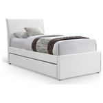 Meridian Furniture - Myles Upholstered Trundle Bed, Cream, Twin, Linen Textured Fabric - Add extra sleeping space or storage with this Myles cream linen textured fabric twin trundle bed. Upholstered in soft, durable linen textured fabric, it features a rolling trundle that accommodates up to an 8" thick twin mattress. The trundle's versatility allows it to be placed on either the right or left side, making it ideal for teen, tween, or guest bedrooms and dorm rooms. Practical and stylish, this trundle bed maximizes functionality while enhancing the aesthetic appeal of your room and maximizing space for sleepovers and overnight guests.