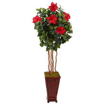 5' Hibiscus Artificial Tree, Decorated Wooden Planter