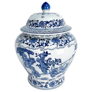 Ceramic 15" Blossoms Temple Jar, Blue