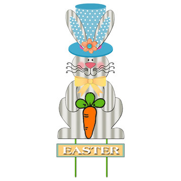 31.5" Welcome Easter Bunny Garden Stake, With Blue Hat