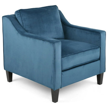 Contemporary Accent Chair, Comfortable Velvet Seat With Piping Details, Blue