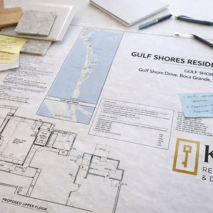 Planning documents and floor plans for a coastal home remodel, illustrating how early design decisions and clear scope definition help prevent budget overruns in home and condo remodeling..