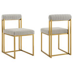 Armen Living - Anastasia Set of 2 Dining Chairs, Gold Brushed Stainless Steel and Taupe Fabric - Make a stylish impact with the clean and modern aesthetic of the Anastasia Dining Chair in Fabric and Metal - Set of 2 by Armen Living. Its crisp and refined frame is combined with plush upholstery to lend a chic and striking edge to any room. A cylindrical cushion is beautifully balanced upon its airy frame to offer comfortable back support. Its cushioned backrest and padded seat showcase a neat channeling detail that provides texture for a chic and inviting look. The chair is upholstered in performance fabric to offer easy care and maintenance. Its slender and clean-lined metallic frame reflects the refined and elevated tone of our chair. The contemporary Anastasia chair can add a dose of comfort and charm to your eat-in kitchen and dining room. With versatile styling potential, it can serve as an occasional chair to offer an easy and chic place to land anywhere from your lounge to your home office. Available as a set of two, the Anastasia Dining Chair comes in brushed stainless steel with Light Gray, Charcoal, Blue, or Taupe fabric or matte black iron with Anchor Gray fabric, Light Gray fabric, or Light Gray faux leather to bring style and comfort to your home.
