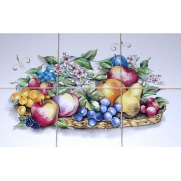 Fruit Kiln Fired Ceramic Tile Mural Peach Pear Grapes, 6-Piece Set