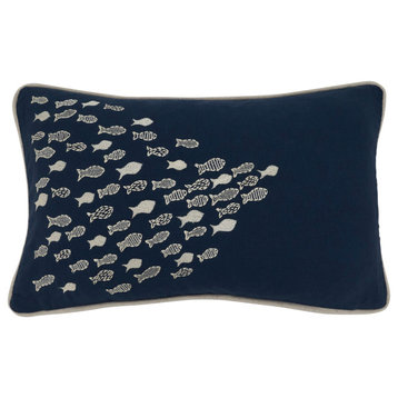 Down-Filled Throw Pillow With School O'Fish, 12"x20", Navy Blue