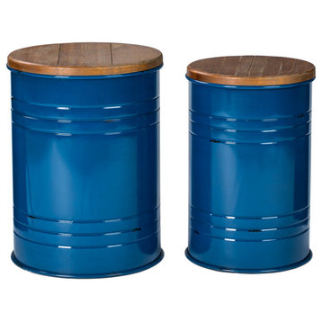 Farmhouse Metal With Solid Wood Seat Storage Stool, Set of 2, Navy Blue