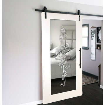 Mirrored Sliding Barn Door with Mirror Panel + Frosted Design, 2x Mirror, 34"x84