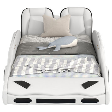 Twin Size Race Car-Shaped Platform Bed with Wheels(No mattress), White