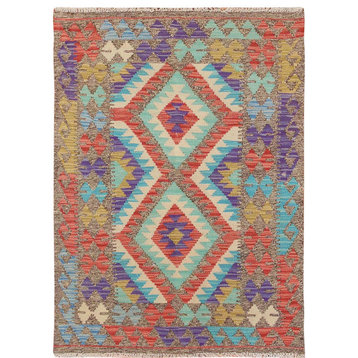 Colorful Reversible Geometric Design Afghan Kilim Flat Weave Wool Rug, 3'0"x4'0"