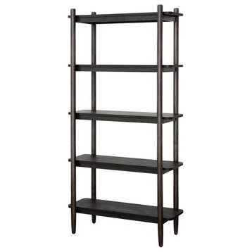 Mid Century Modern Bookcase, Rubberwood Construction With 5 Shelves, Charcoal