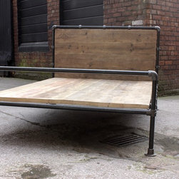 Amy Dark Steel Pipe & Reclaimed Industrial Scaffolding Board Double Bed Frame - Headboards