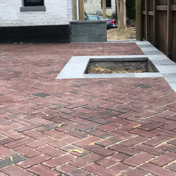 Red Brick Patio with Thermal Blue Border, Flower Boxes, & Steps in Washington DC