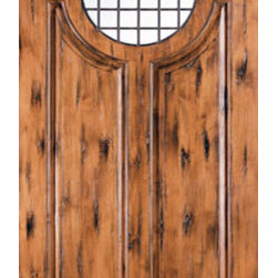 Rustic Solid Knotty Alder Front Door, Forged Iron, Circle Lite - Front Doors